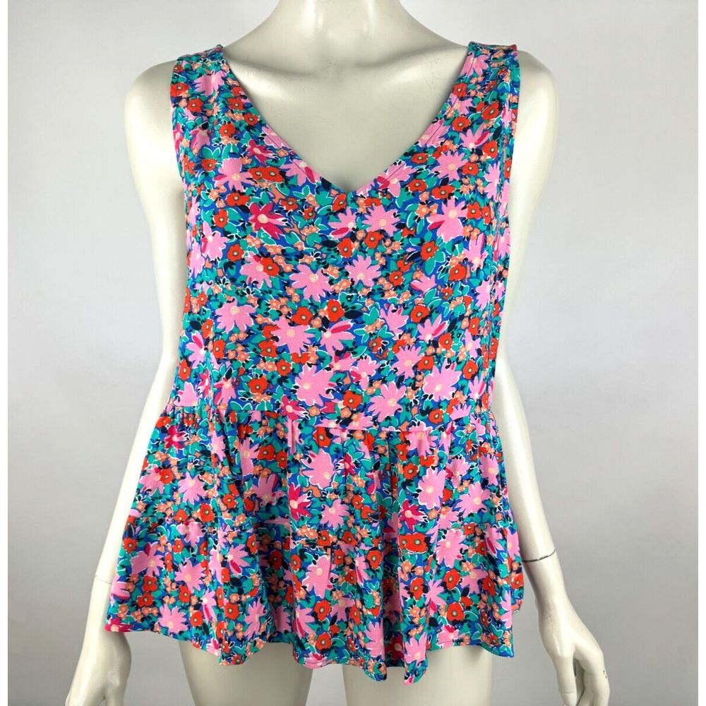 LOFT Daisy Double V Peplum Tank Top Women XL NWT‎ Sleeveless Floral Blouse